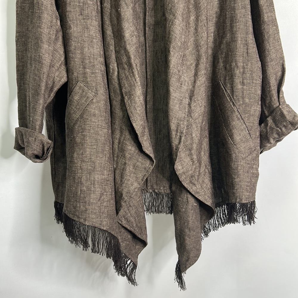 Zara 100% linen fringe pocketed open front kimono cardigan - Picture 3 of 8